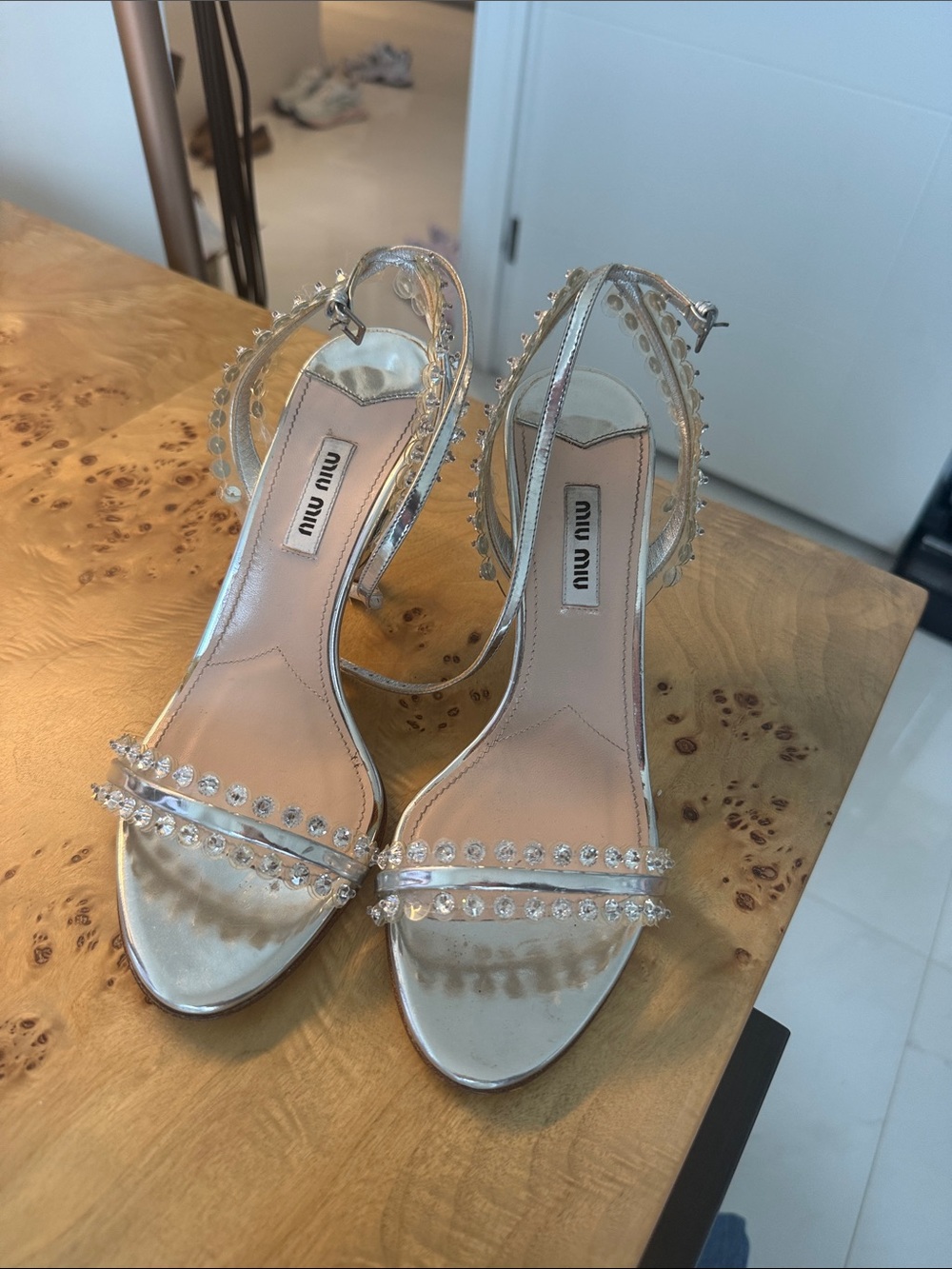 Miu Miu Silver Crystal-Strap Open-Toe Heels